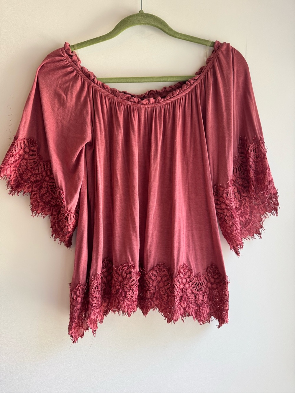 Alya Rose Wine Lace-Trim Off-Shoulder Blouse